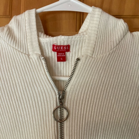 Guess Size S White with Black Zip Up Hooded Long Sleeve Sweater - Picture 3 of 10